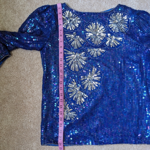 Vintage Eve's Allure Blue Iridescent Silver Sequin Party NYE Top Blouse - Picture 7 of 8